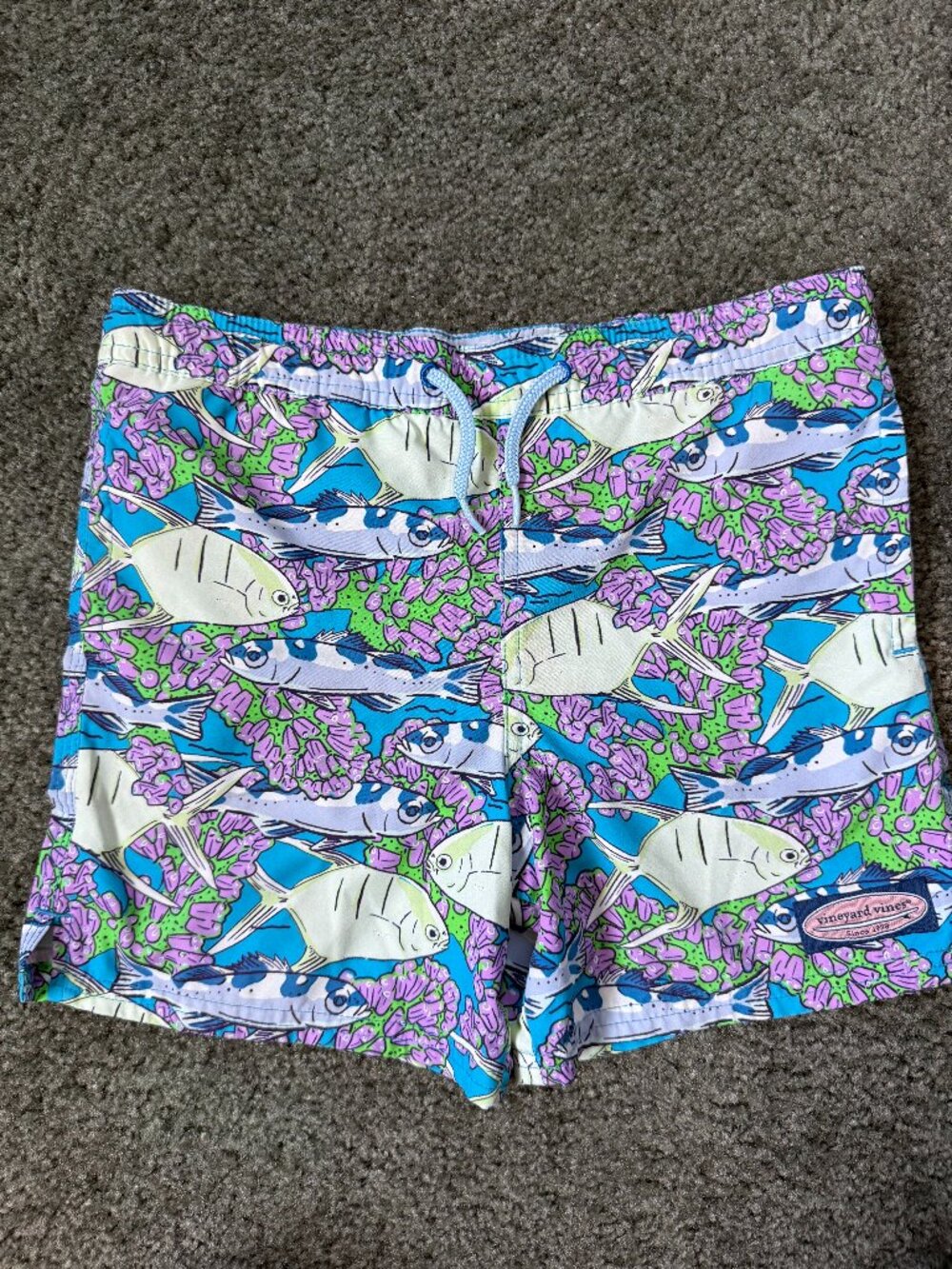 Vineyard Vines Boys Swim Trunks Fish Coral Print Board Short Blue Purple Size 7